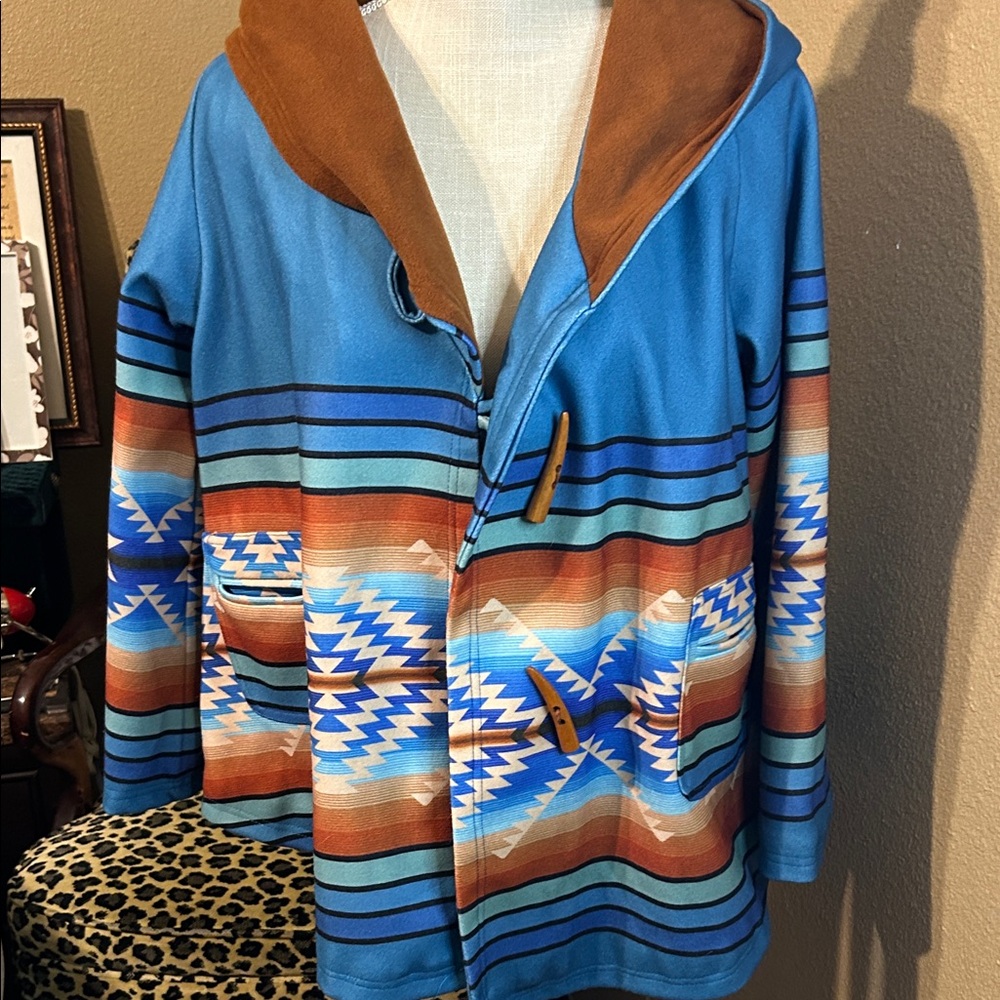 Blue and Brown Hooded Women's Jacket